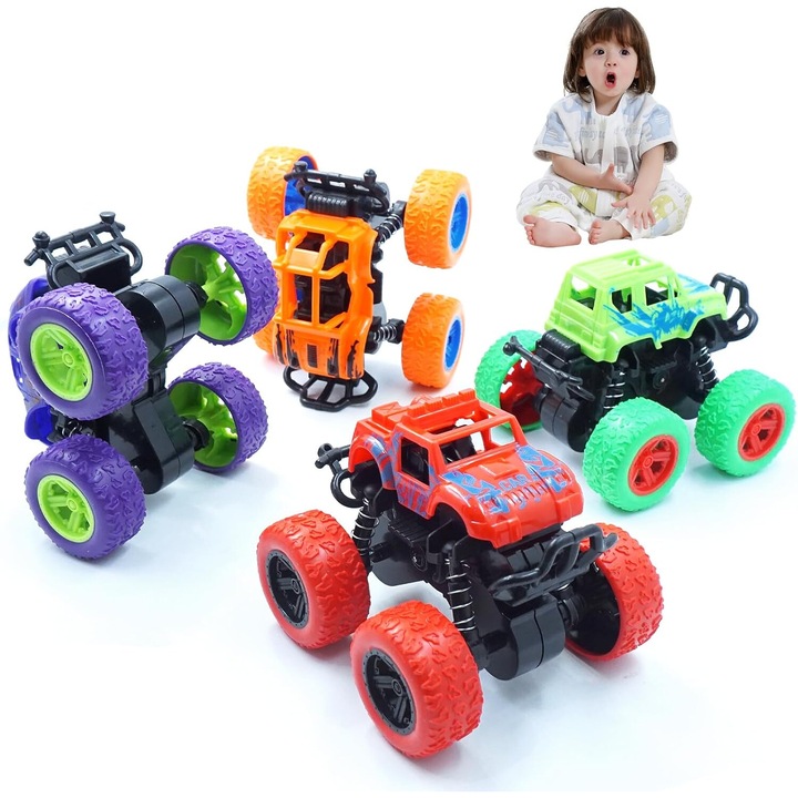 Pachet de 4 jucarii Monster Truck - Masini de jucarie cu frecare Vehicule Push and Go pentru copii Cel mai bun pentru petrecerea de aniversare de Craciun pentru baieti, fete cu varsta de 3 ani si peste