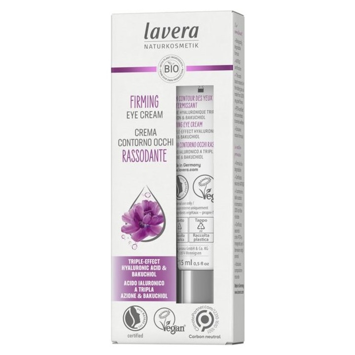 Crema Contur Ochi Antirid Lavera cu Acid Hialuronic si Bakuchiol cu Efect de Fermitate, Hidratare si Netezire, 15ml. Reduce ridurile fine din jurul ochilor, estompeaza cearcanele, confera un aspect odihnit si luminos -LAVERA
