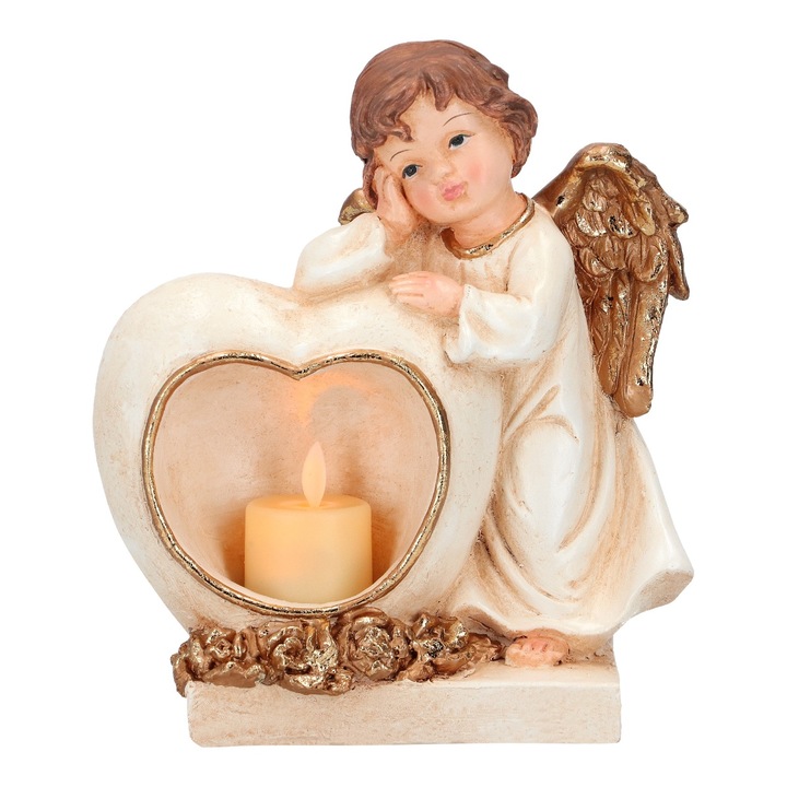 Decoratiune ingeras cu lumanare cu LED, polirasina, inaltime 20 cm