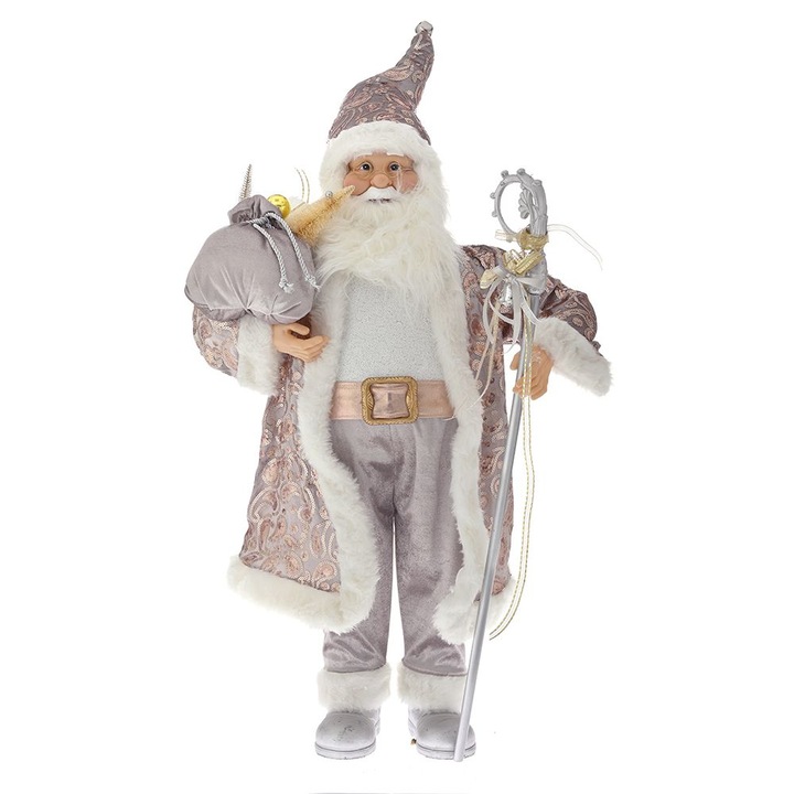 Decoratiune Mos Craciun in costum catifelat roz-champagne, inaltime 90 cm