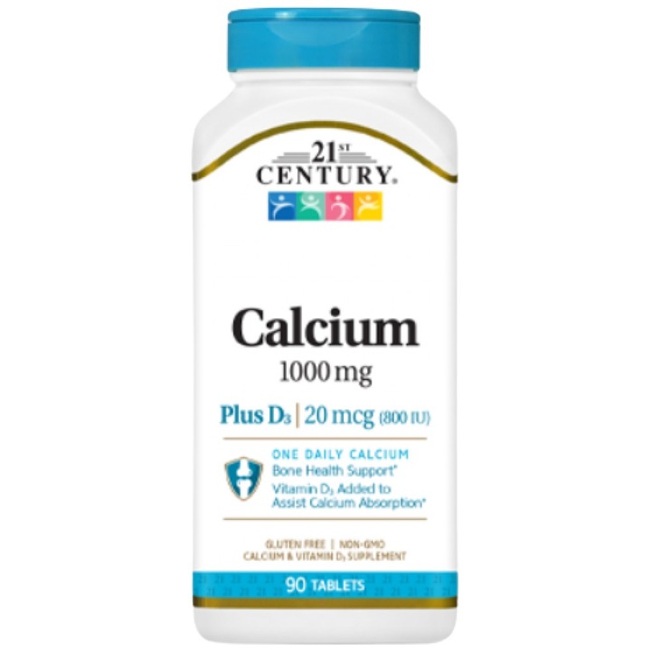 Supliment alimentar 21st Century Calcium 1000 mg plus D3 20 mcg, 90 tablete