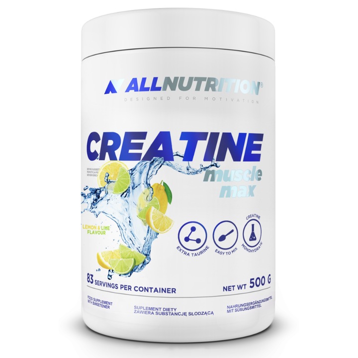Creatina Monohidrata, ALLNUTRITION Creatine Muscle Max, 500g, aroma de lamaie-lime, pudra creatina, fara zahar, pentru cresterea fortei masei musculare si performanta sportiva intensa