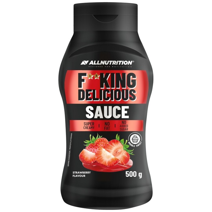 Topping, Sos Dulce fara zahar, ALLNUTRITION Fitking Delicious Sauce, Strawberry, 500g, aroma capsuni, fara zahar, hipocaloric