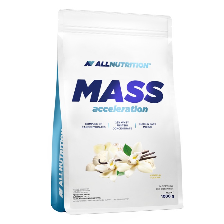 Gainer, proteine din zer, carbohidratii, ALLNUTRITION Mass Acceleration, 1000g, aroma Vanilie, gainer pentru crestere in greutate si masa musculara