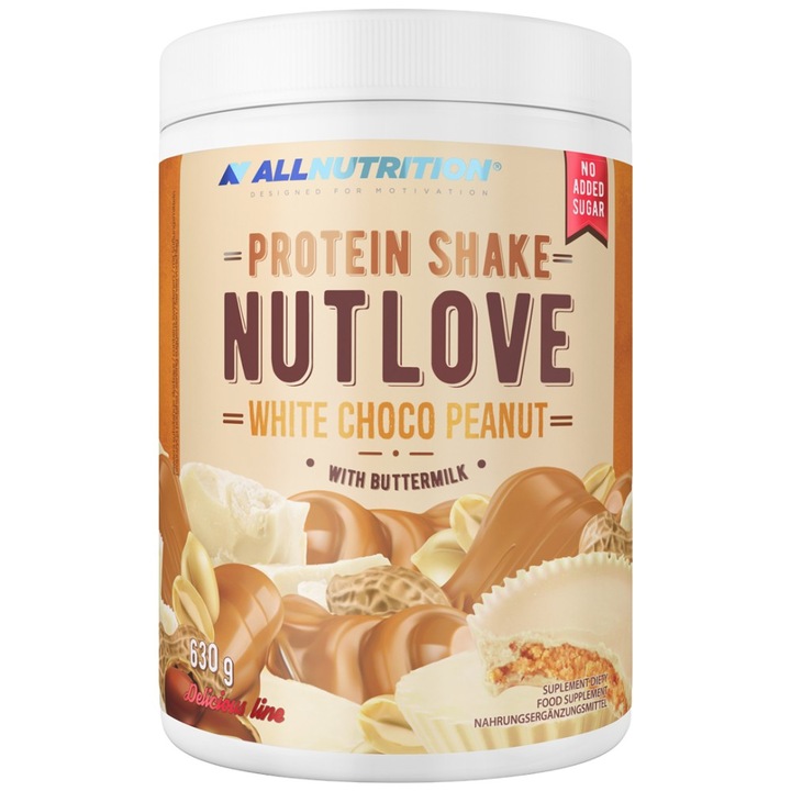Хранителна добавка AllNutrition NutLove Protein Shake Whey Protein plus Casein, Бял шоколад с фъстъци, 630 грама
