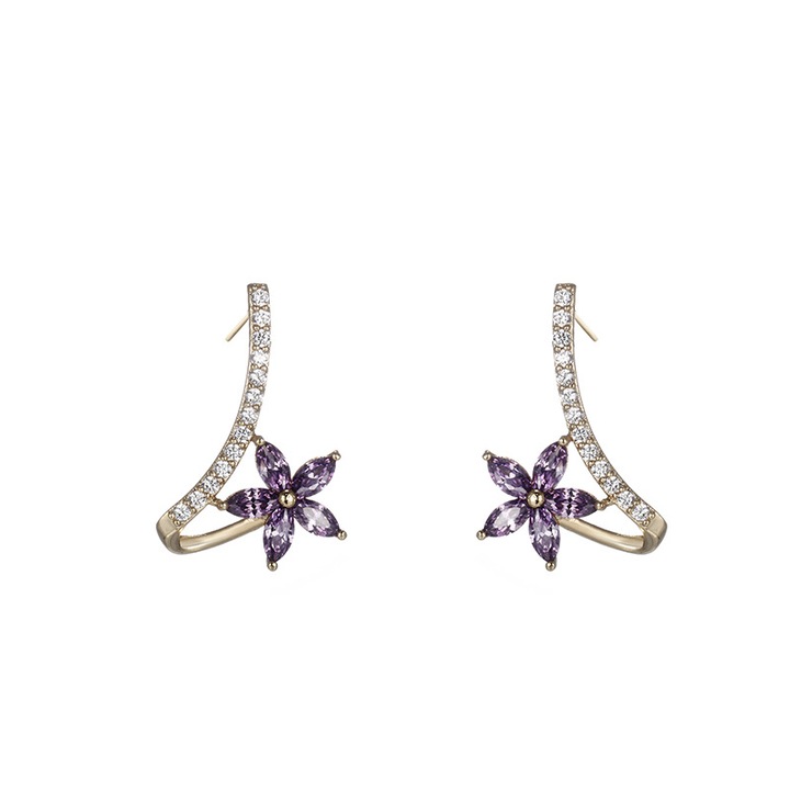 Cercei cu flori violete, setari de cristal, zirconiu, placati cu aur, rezistenti la apa