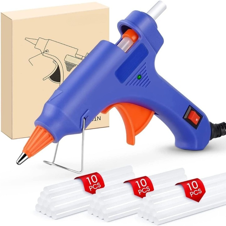 Set pistol de lipit la cald 100 W, 30 bare silicon transparent 11x95mm, albastru