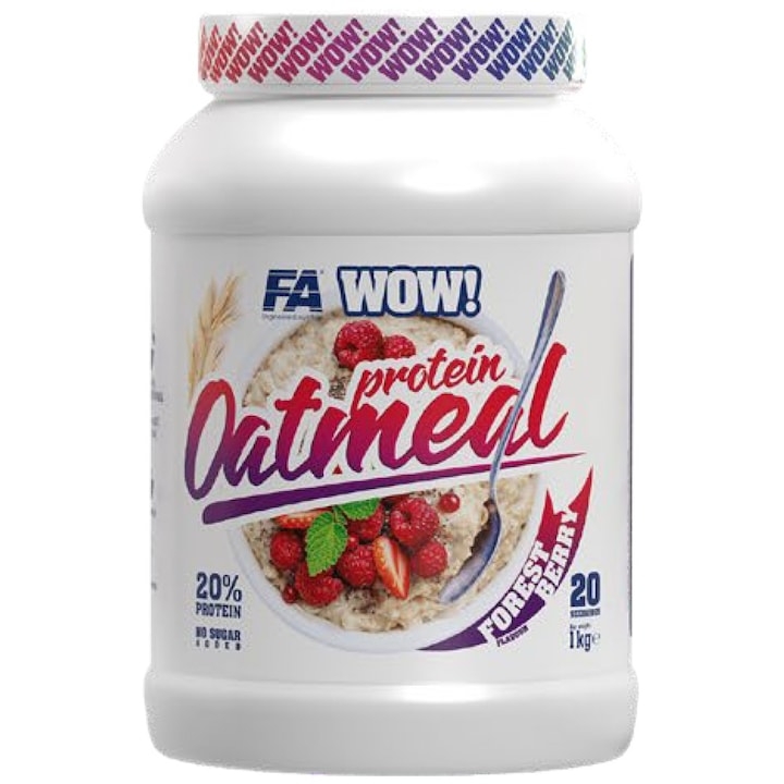 Supliment alimentar FA Nutrition WOW! Faina de ovaz proteic 20% proteine - fara zahar adaugat, fructe de padure, 1000 grame