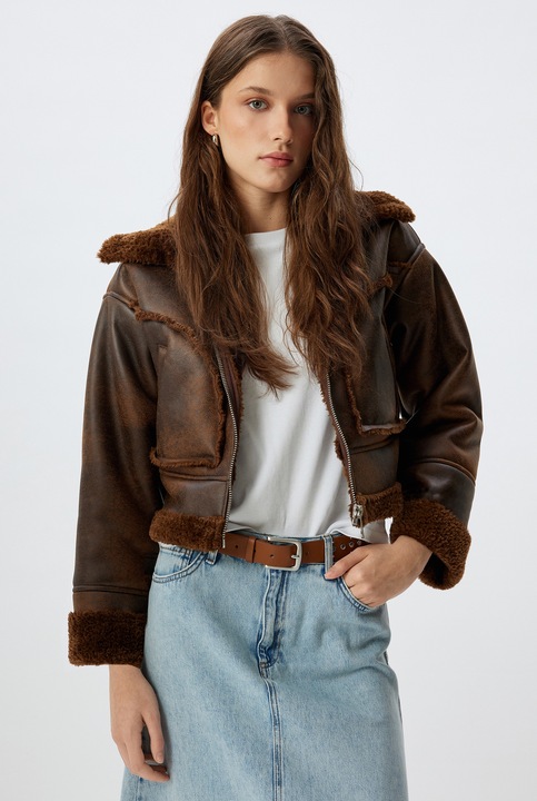 KOTON, Jacheta din piele ecologica cu fermoar, Maro, 2XS