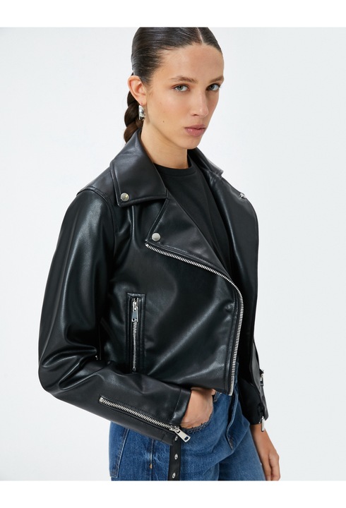 KOTON, Jacheta biker din piele ecologica, Negru