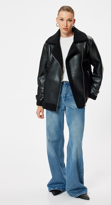 KOTON, Jacheta din piele ecologica, Negru