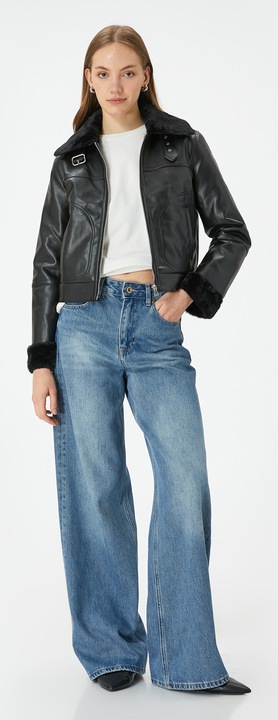 KOTON, Jacheta biker din piele ecologica, Negru, 2XS