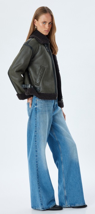 KOTON, Jacheta supradimensionata din piele ecologica cu blana shearling, Kaki, 2XS