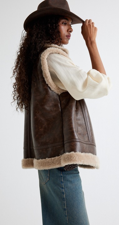 KOTON, Vesta din piele ecologica cu blana shearling, Maro, 32