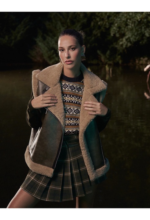KOTON, Vesta din piele ecologica cu blana shearling, Kaki, 32