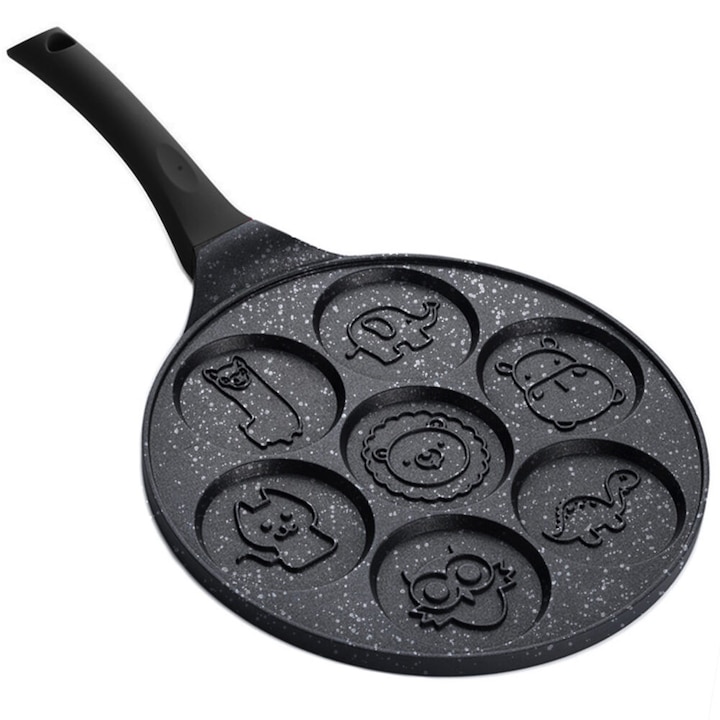Тиган за палачинки VarioShop®, 7 модела животни, стомана и алуминий с незалепващо покритие, както за обикновени, така и за стъклокерамични и електрически котлони, диаметър на тигана 26,5 см, диаметър на формата 7,5 см, черен
