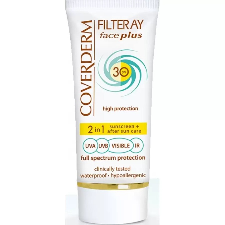 Coverderm 2in1 Face Plus SPF30 Protectie solara colorata si dupa soare maro moale 50 ml piele normala