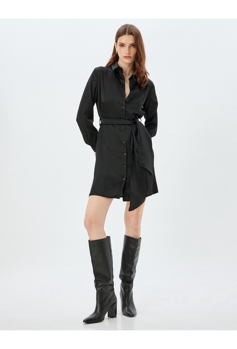 KOTON, Rochie-camasa mini cu cordon in talie, Negru