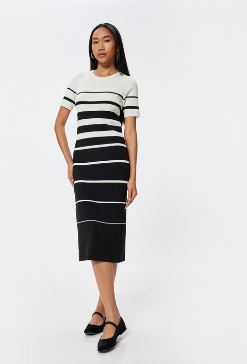 KOTON, Rochie midi tricotata fin cu dungi, Negru, L