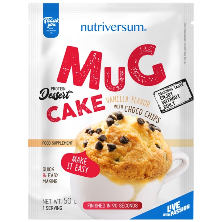 Táplálék-kiegészítő Nutriversum bögre sütemény fehérje desszert, vanília csokireszelékkel, 50 gramm
