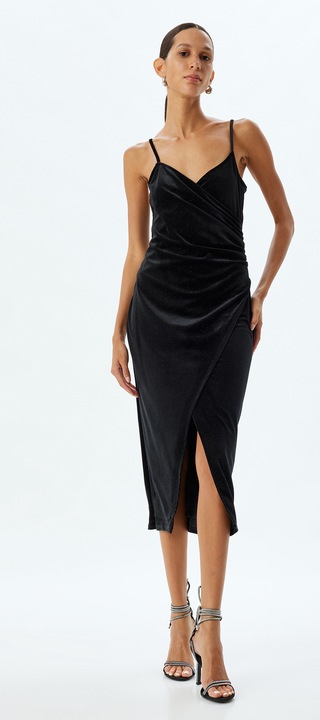 KOTON, Rochie midi petrecuta cu bretele subtiri, Negru