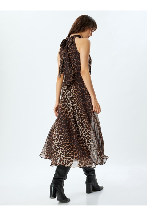 KOTON, Rochie midi cu imprimeu leopard si decolteu halter, Bej, 2XS