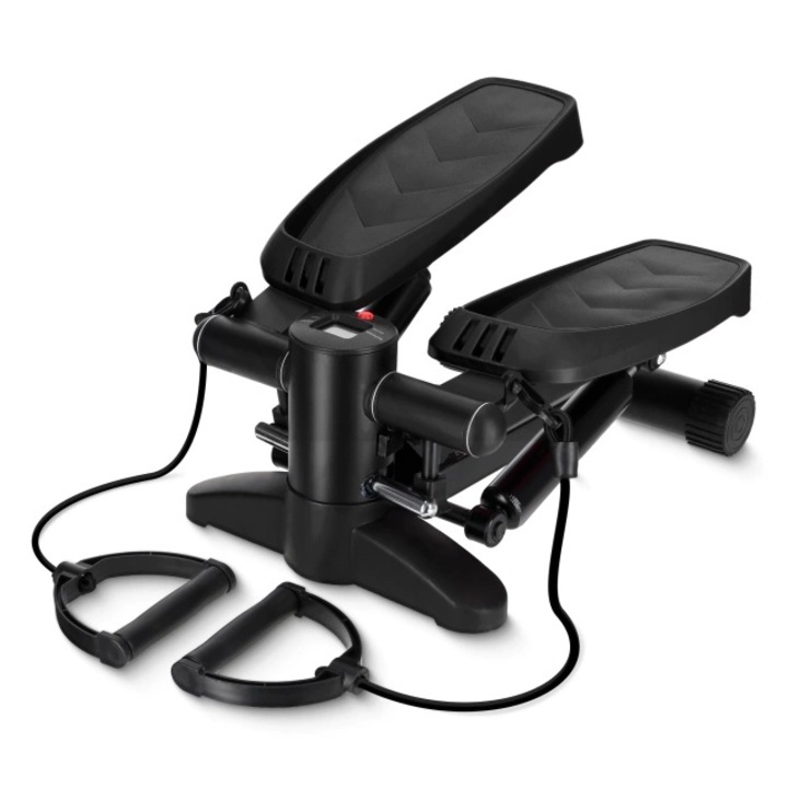 Stepper cu corzi, 4FIZJO, cu Telescoape Puternice, Pedale Antiderapante, Display LCD si Corzi Elastice pentru Antrenamentul Bratelor, Dimensiuni 42 x 30 x 25 cm, sarcina 150 Kg, Negru
