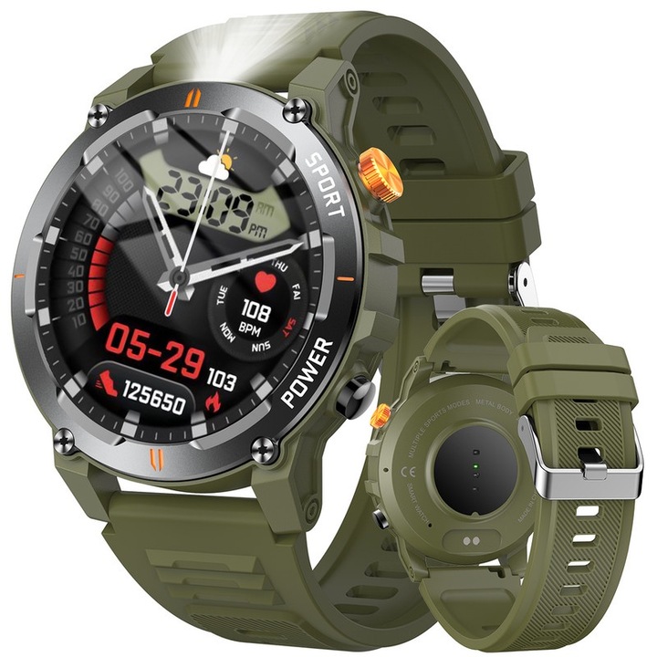 Szabadtéri sportokos okosóra, zseblámpával, Bluetooth hívás, közösségi média információs vétel, pulzusszám, vérnyomás, véroxigén, alvás, katonai zöld Nantaisun®