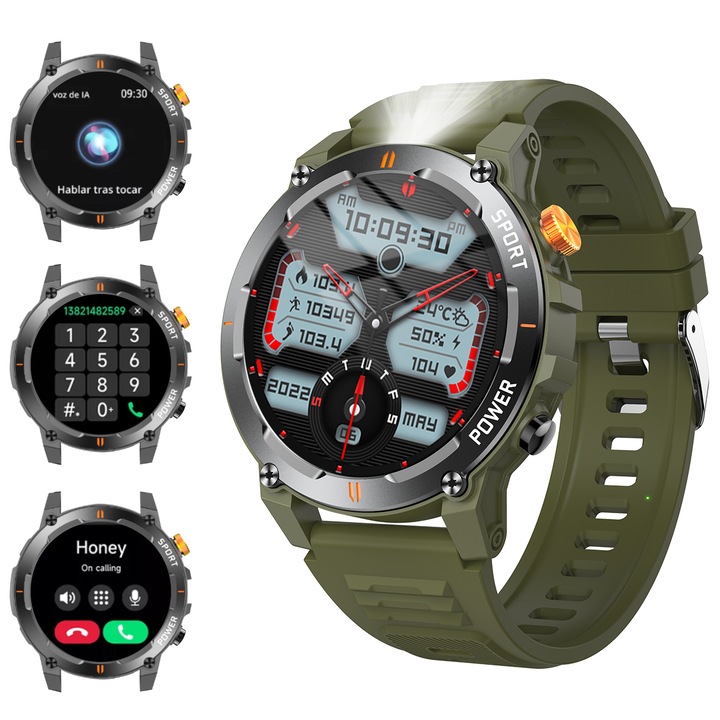 Ceas inteligent pentru sport in aer liber cu lanterna, apel Bluetooth, receptie de informatii pe retelele sociale, ritm cardiac, tensiune arteriala, oxigen din sange, somn, verde militar Nantaisun®
