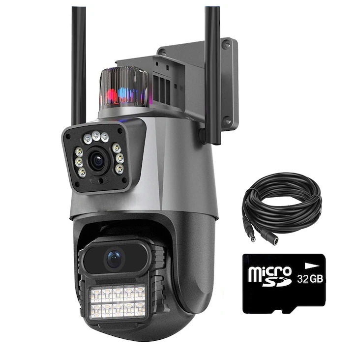 ANTCOOL WIFI dupla megfigyelő kamera, 8MP, kültéri/beltéri, Ultra HD, forgás, LED lámpák, kétirányú kommunikáció, riasztó, mozgásérzékelő, 32G memóriakártya, Ezüst, 10m hosszabbító kábel