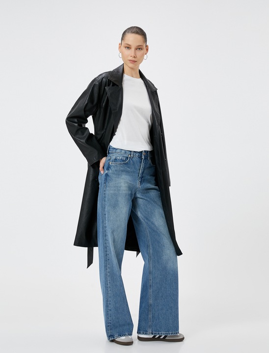 KOTON, Trenci din piele ecologica cu doua randuri de nasturi, Negru, 2XS