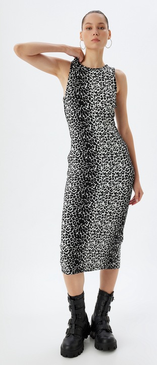 KOTON, Rochie midi cambrata cu animal print, Negru