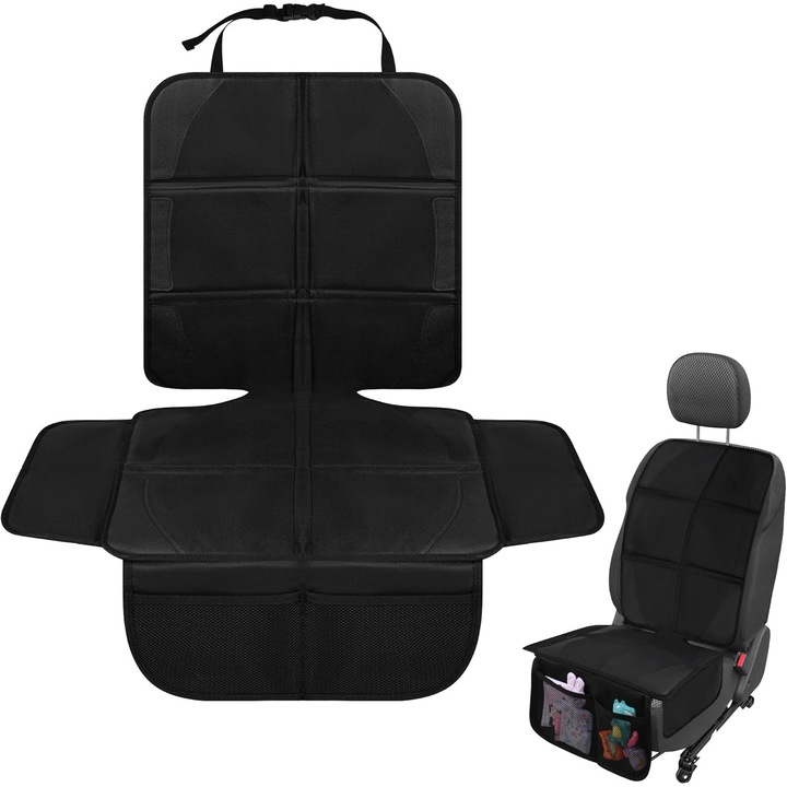 Set Huse Scaune Auto, Universal set 2 Bucati, Impermeabile, 600D, cu Buzunare din Plasa, Dimensiuni 17.9x46.45 inch, Negru