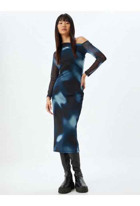 KOTON, Rochie cu model si decolteu pe un umar, Albastru