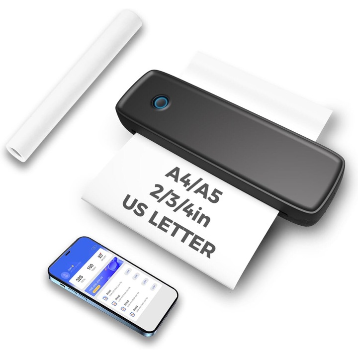 Преносим термичен принтер без мастило, поддържа A4, 8.5" US letter, компактен дизайн, с вградена батерия, комплект с термохартиена ролка