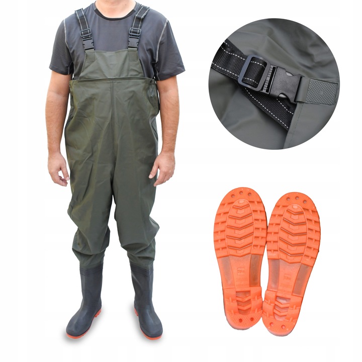 Cizme lungi pescaresti tip salopeta, roz. 46, verde, dimensiuni 140x64cm, cu bretele reglabile, set de reparare inclus