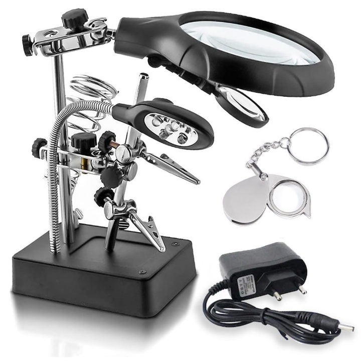 Lupa de Masa cu LED, Noonedibs, Doua Brate cu Cleme Crocodil, Suport pentru, Rotire Nelimitata, Lupa 3.5x si 12x, pentru Lipire si Fixare, 1 Lupa pentru bijuterii, Negru