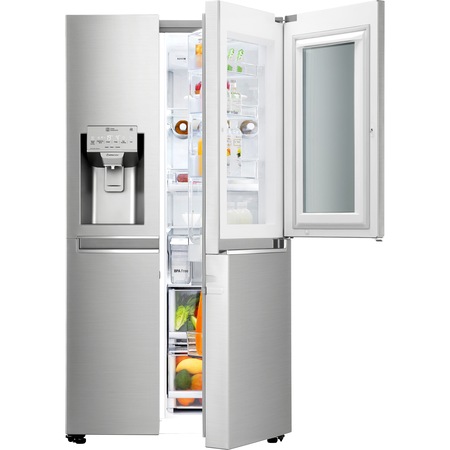 Side by Side LG Door in Door GSX961NSAZ, 601, Clasa A++, Full NoFrost, InstaView, Dispenser apa, Compresor Inverter linear, Display LED, SmartDiagnosis, WiFi, Raft sticle, H 179 cm, Argintiu