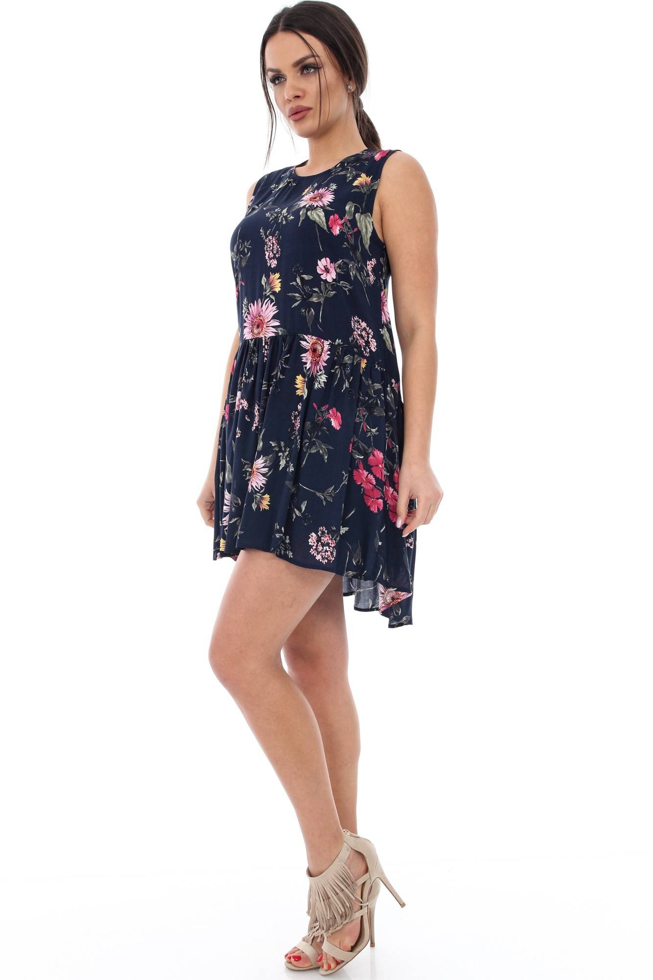 Rochie bleumarin, ROH, cu imprimeu floral roz