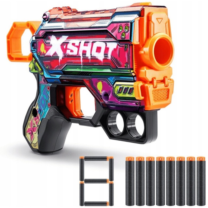 Pistol de jucarie ZURU X-Shot Skins Menace, 8 sageti, model Mercena, distanta de tragere 27m, 8+