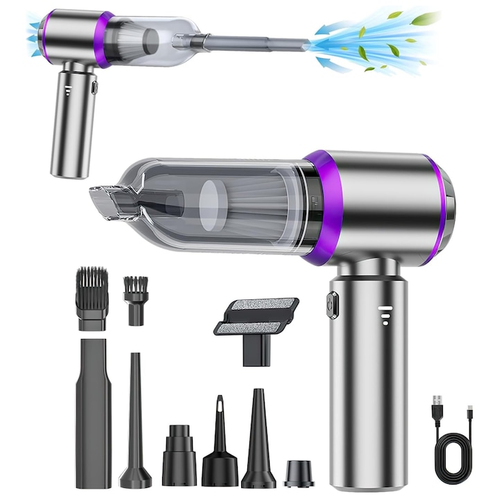 Aspirator Portabil pentru Casa si Masina, JFYU, Aspirator de Mana Portabil cu acumulator 2 in 1, 15000 Pa, putere 100W, 3 Viteze, 80.000 rot/min, Incarcare Type-C, Functie Suflanta, Aspirare Uscata/Suflare/Vacuum, pentru Casa si Masina, Argintiu