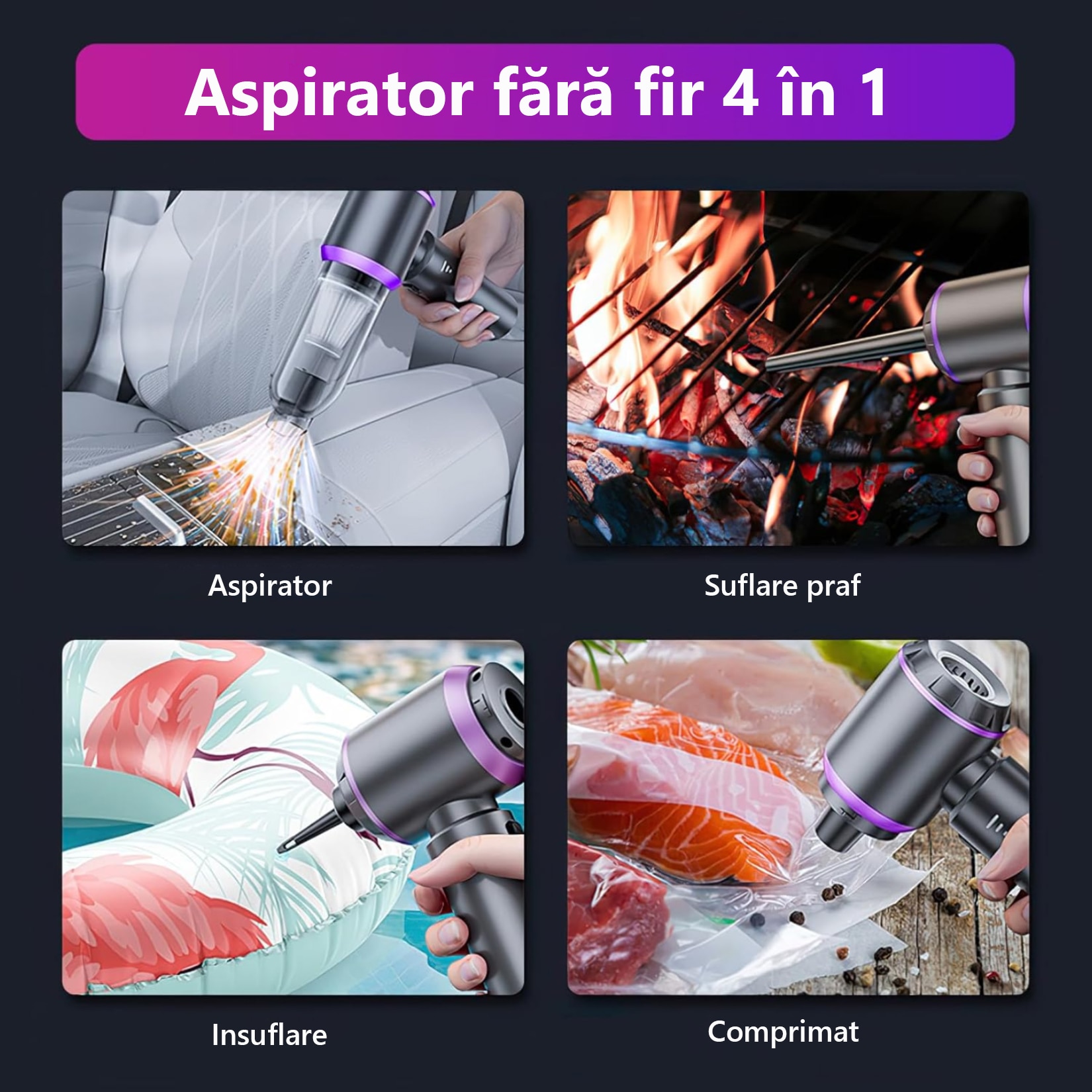 Aspirator Portabil pentru Casa si Masina, JFYU, Aspirator de Mana Portabil cu acumulator 2 in 1, 15000 Pa, putere 100W, 3 Viteze, 80.000 rot/min, Incarcare Type-C, Functie Suflanta, Aspirare Uscata/Suflare/Vacuum, pentru Casa si Masina, Argintiu
