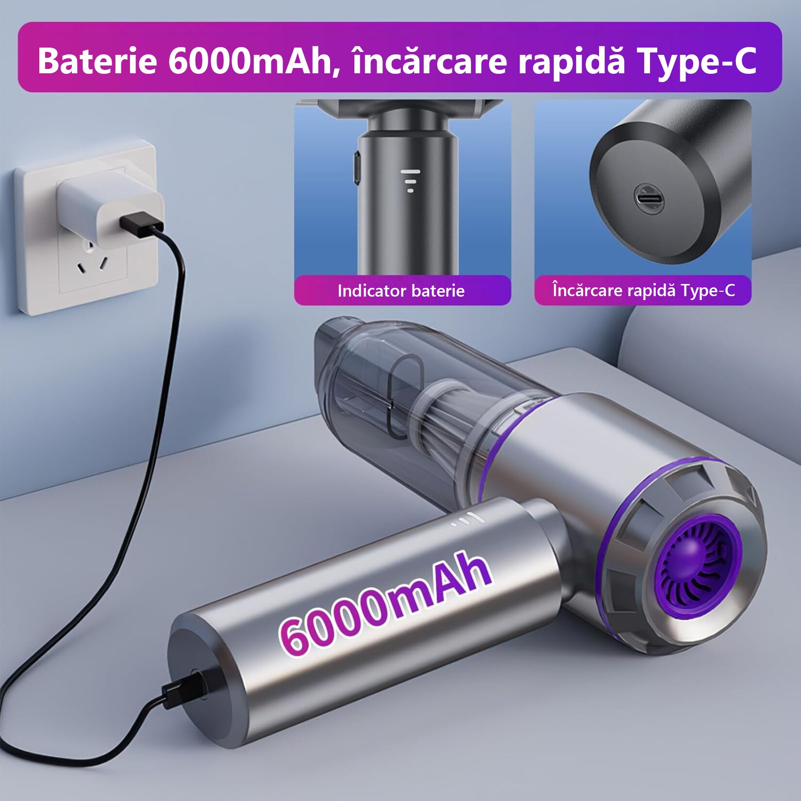 Aspirator Portabil pentru Casa si Masina, JFYU, Aspirator de Mana Portabil cu acumulator 2 in 1, 15000 Pa, putere 100W, 3 Viteze, 80.000 rot/min, Incarcare Type-C, Functie Suflanta, Aspirare Uscata/Suflare/Vacuum, pentru Casa si Masina, Argintiu