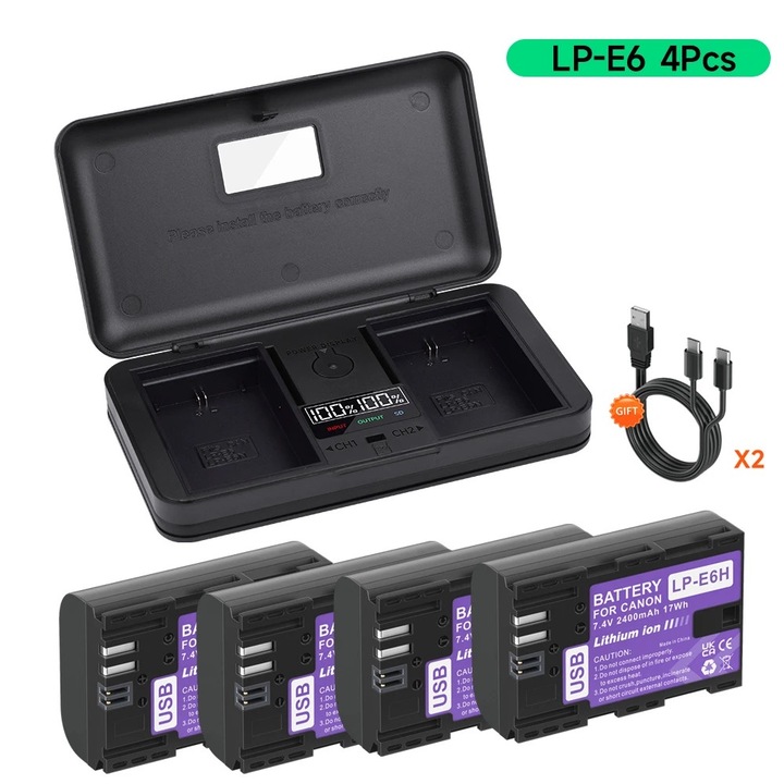 Set 4 baterii LP-E6, 2400mAh, cu incarcator, port Type-C