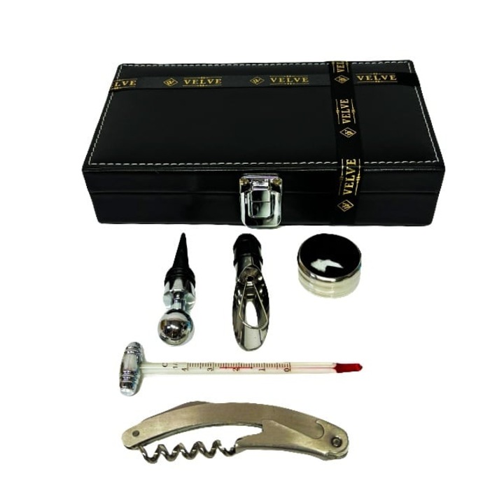 Caseta eleganta din piele ecologica cu 5 accesorii pentru sticla de vin, Negru, Velve