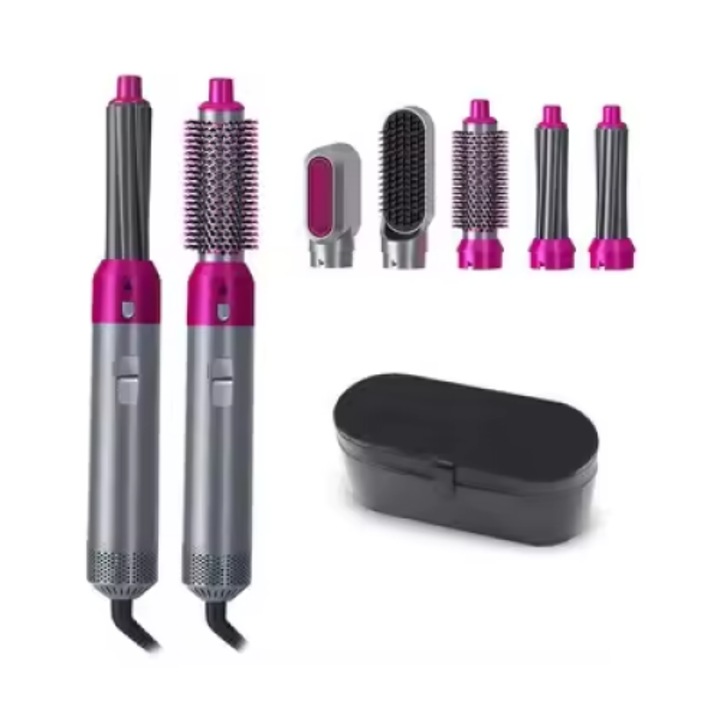 Set Perie 5 in 1 cu Aer Cald, Putere 1000W, Control Temperatura 3 Trepte, Functie Ionica Anti-incretire, Accesorii Interschimbabile pentru Uscare, Indreptare, Volum si Ondulare