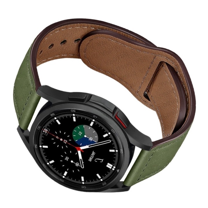 Curea Ceas Piele, Compatibila cu Smartwatch pentru Huawei Watch GT 2 46 mm, pentru Samsung Galaxy Watch 46 mm si toate ceasurile cu latime curea 22 mm, Moale si confortabil, se potriveste incheieturii mainii, rezistent la apa, durabil, verde armata