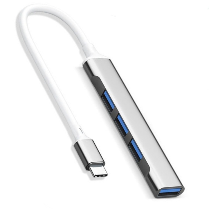 Адаптер, USB хъб, компактен, издръжлив, 4 в 1, за лаптоп, флаш устройство, мобилен HD, конзола, принтер, камера, клавиатура, мишка, сив