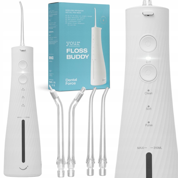 Vezeték nélküli fogirrigátor fogakhoz és szájüreghez, DentalForce, FlossBuddy, DFOI5005W, 310 ml, sebesség 1600, nyomásállítás 2,76-9,66, fehér