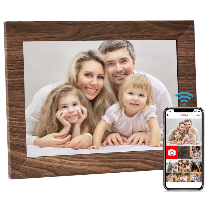 Excitat® 10,1-инчова WiFi цифрова фоторамка с 32 GB памет, 1024 x 600 LCD, сензорен екран със сензор за движение, споделяйте снимки или видеоклипове навсякъде с приложението Frameo